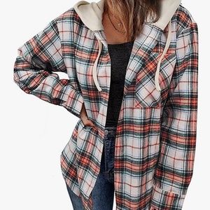 KIRUNDO Women's Long Sleeve Plaid Hoodies Jacket Shirts Casual Loose Button Down